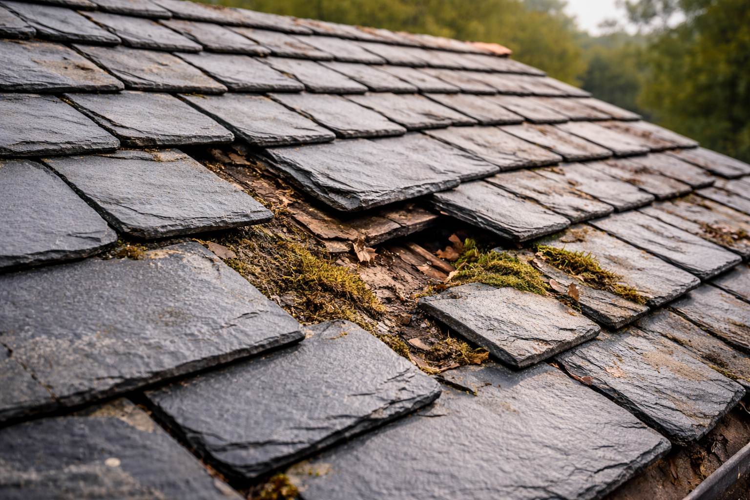 Vue drone rapprochée pour diagnostic visuel de toiture