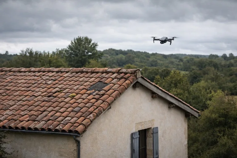 Drone au-dessus d'une toiture pour inspection