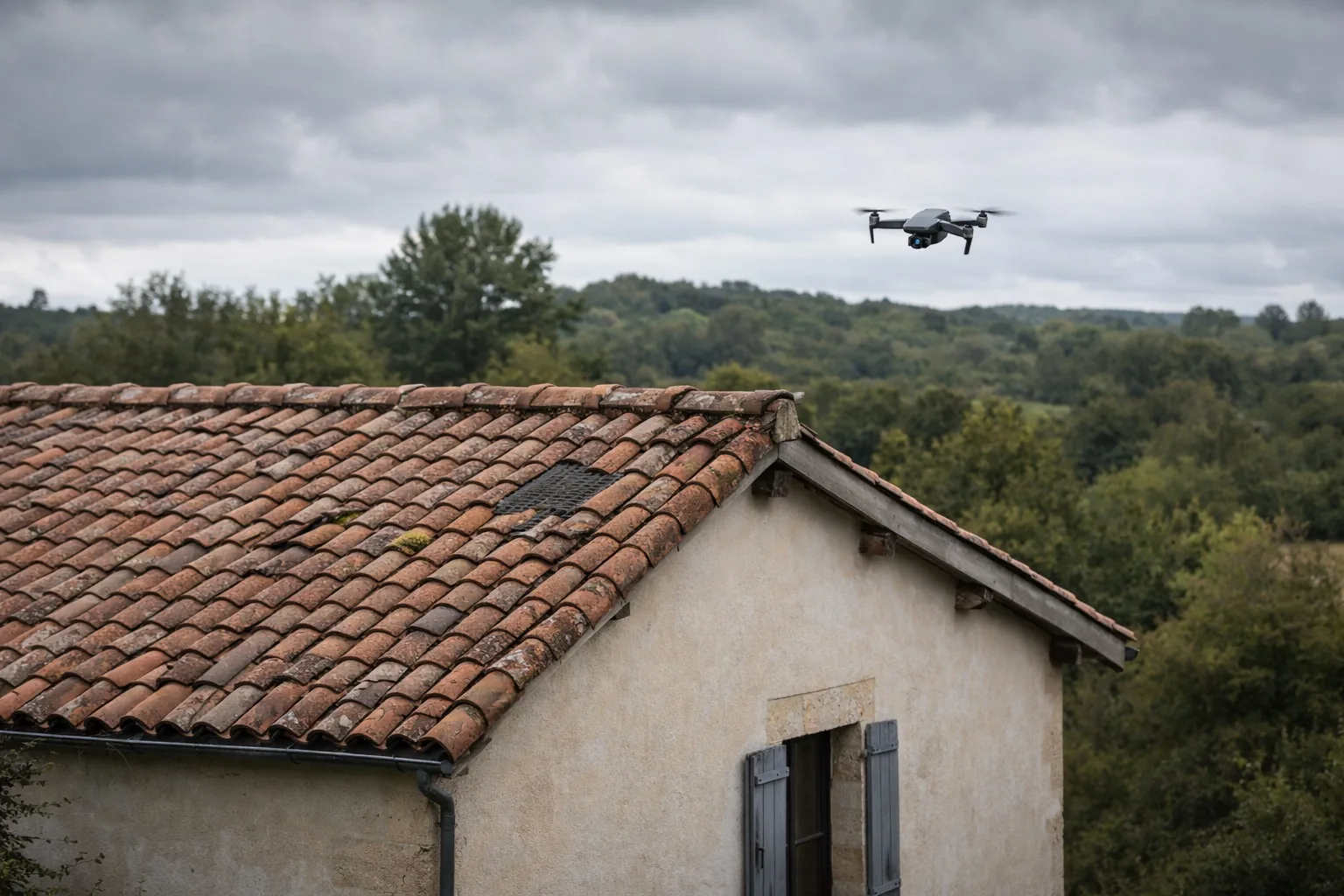 Drone en inspection au-dessus d'une toiture en tuiles dans le Tarn